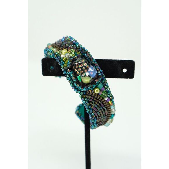 Beaded Cuff Bracelet Dichroic Glass Center Crystal Gems Zipper Hand‎ Made - Picture 1 of 9